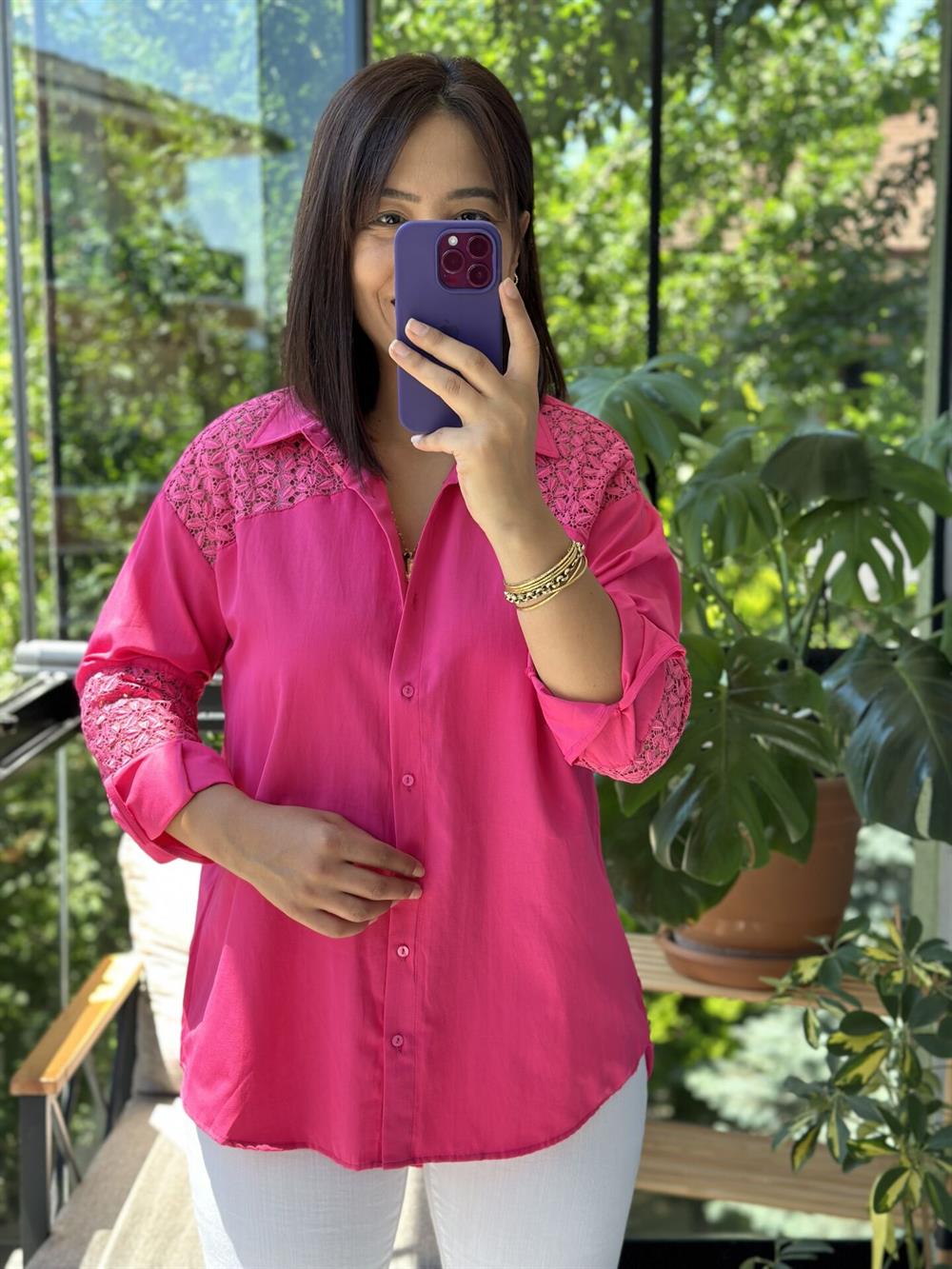 Pembe Omuz Ve Kol Detay Gömlek