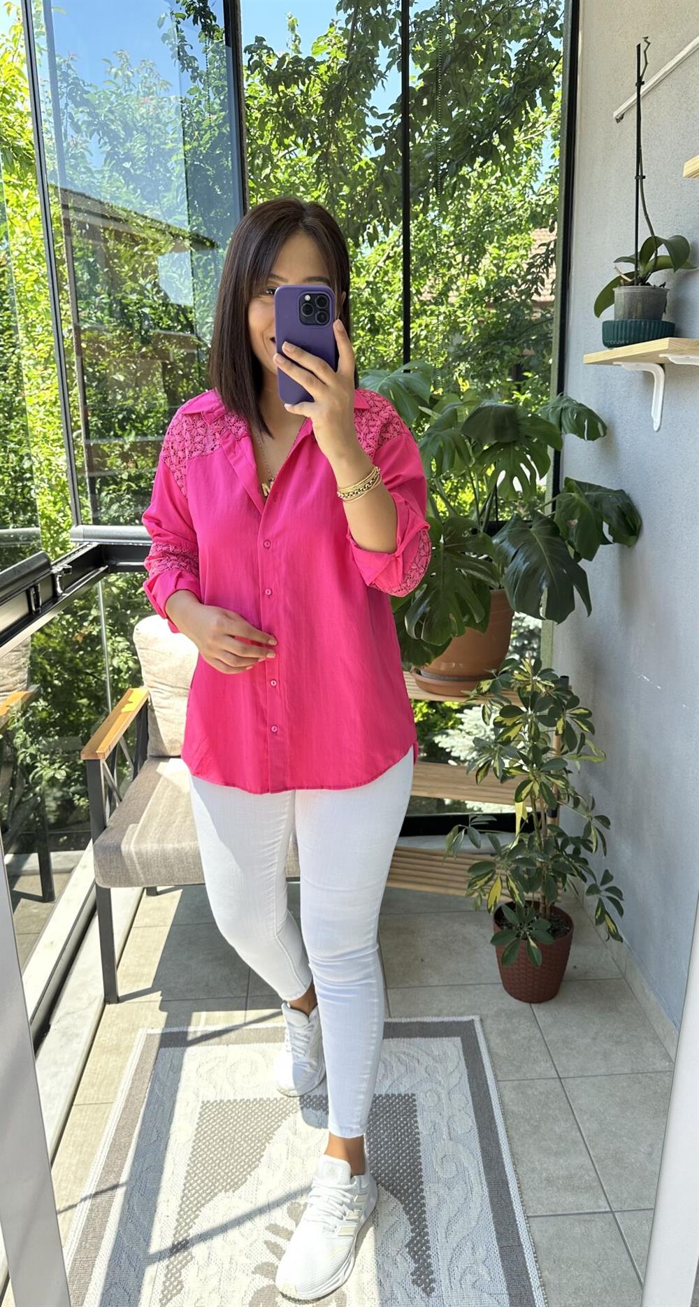 Pembe Omuz Ve Kol Detay Gömlek