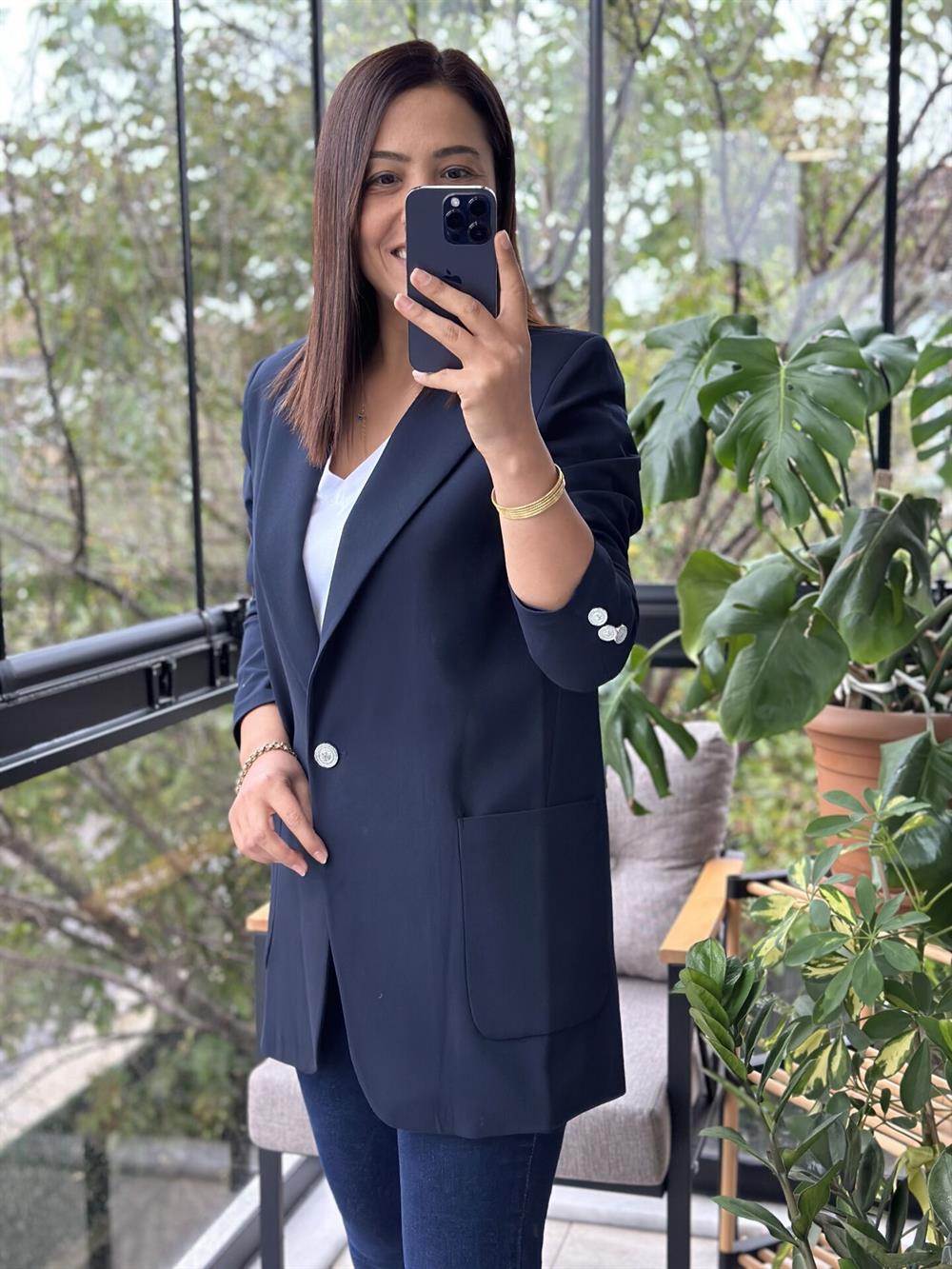 Poliviskon Torba Cep Blazer Ceket Lacivert