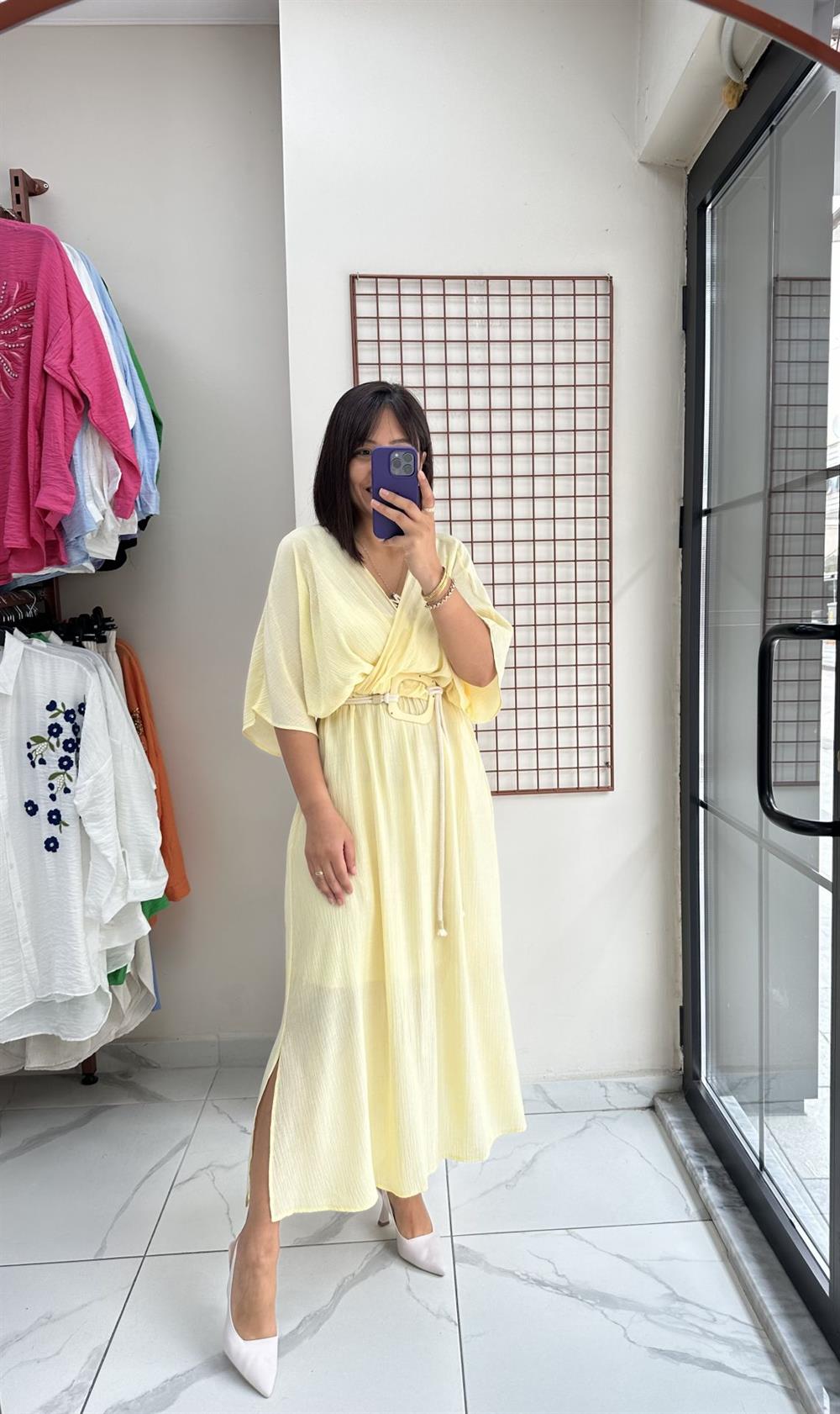 Sarı Kruvaze Yaka Elbise