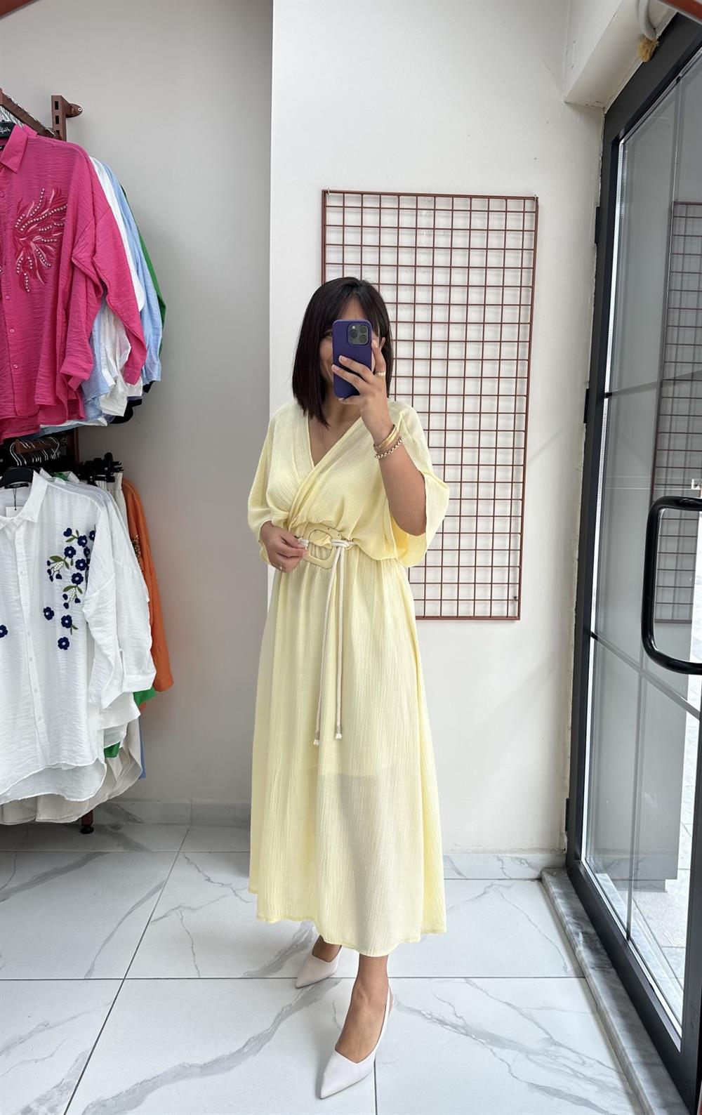 Sarı Kruvaze Yaka Elbise