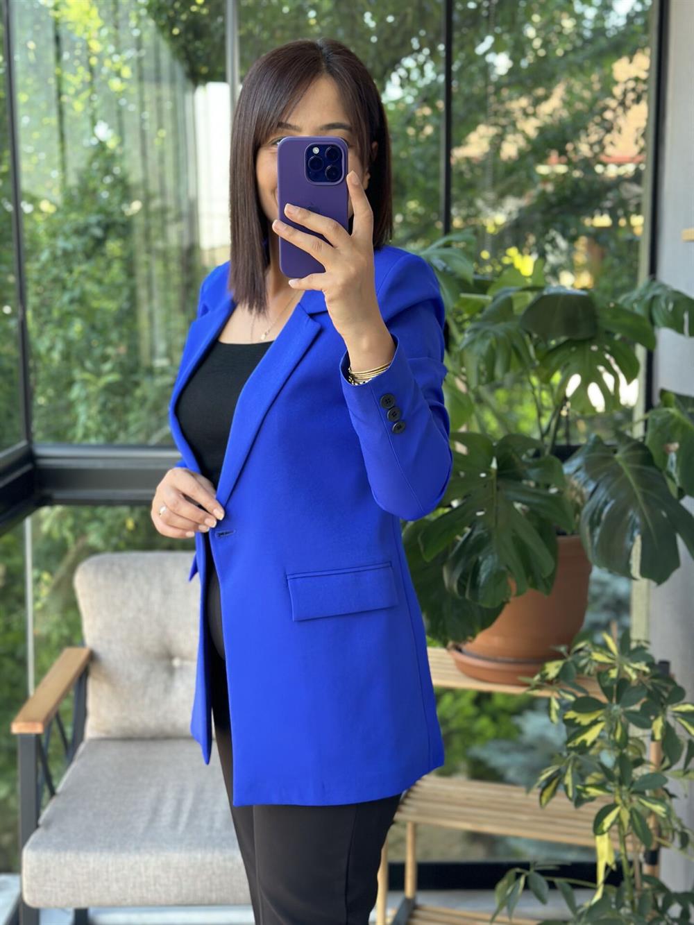 Sax Mavi Tek Düğme Blazer Ceket