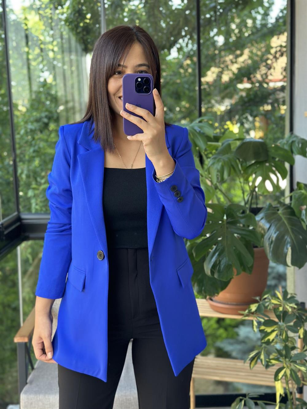 Sax Mavi Tek Düğme Blazer Ceket