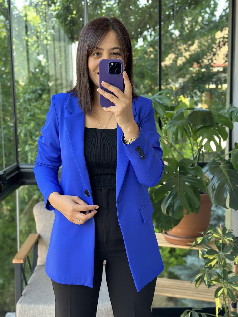 Sax Mavi Tek Düğme Blazer Ceket