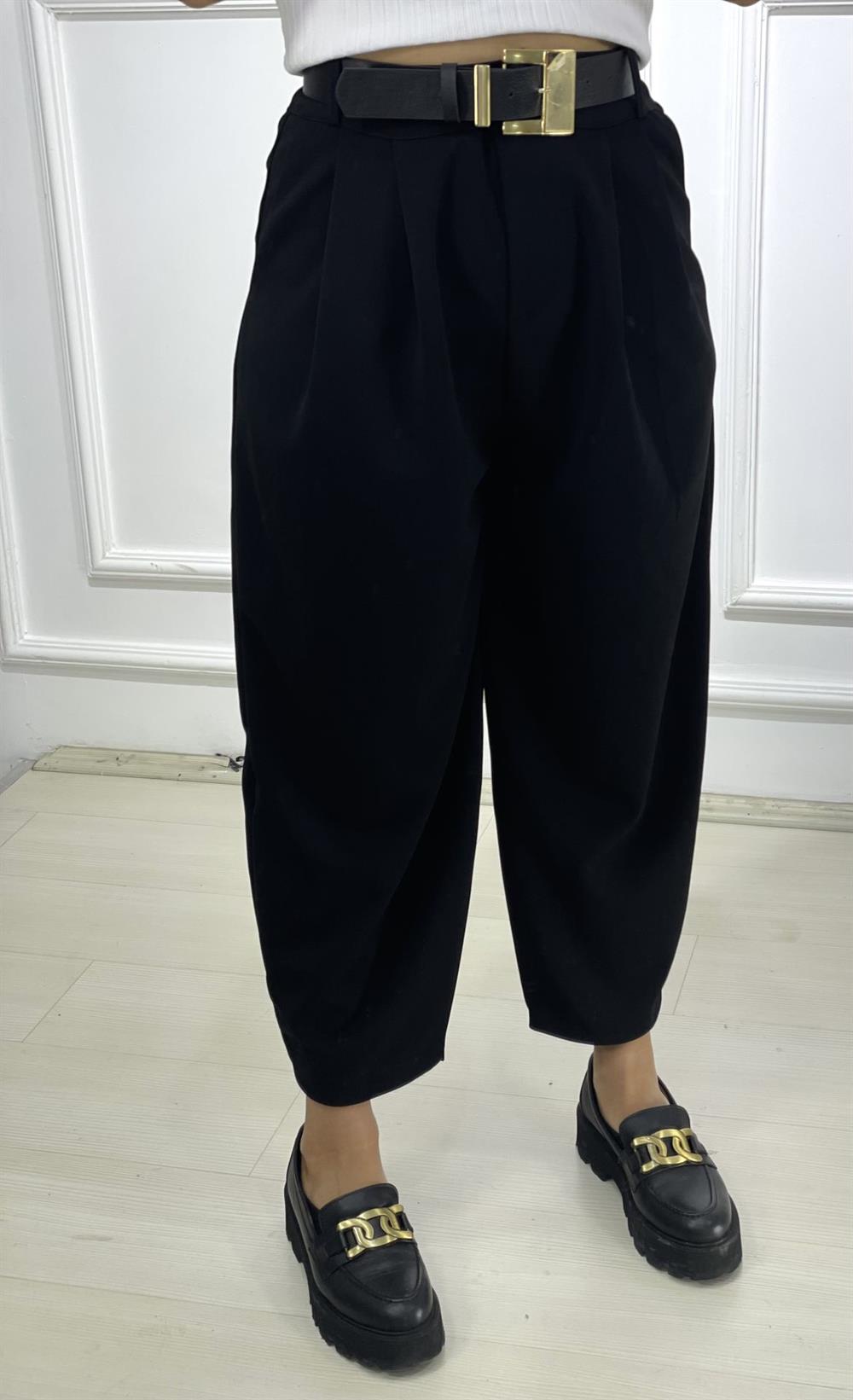 Siyah Şalvar Kesim Tok Crep Kumaş Pantolon