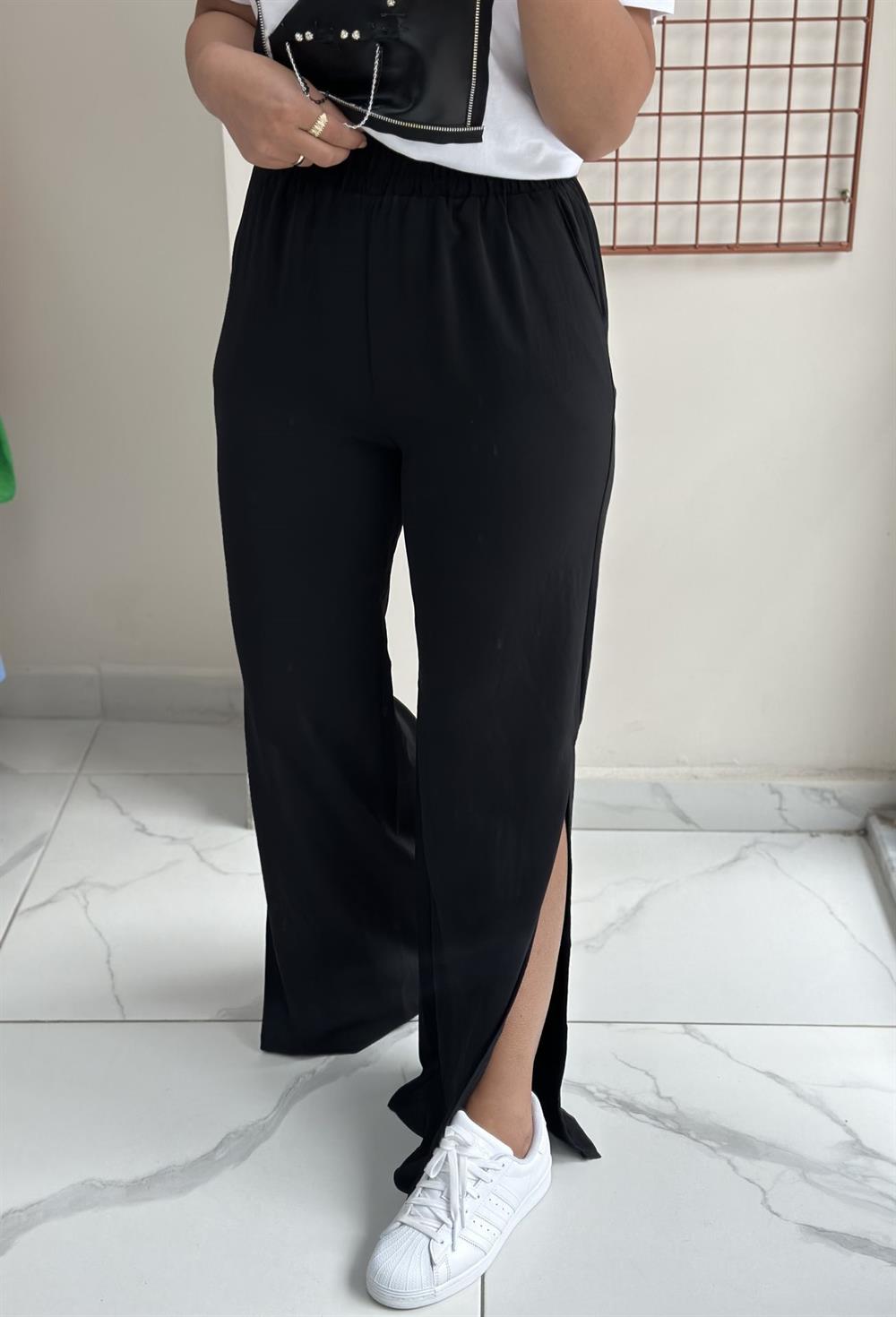 Siyah Tensel Kumaş Yırtmaçlı Pantolon