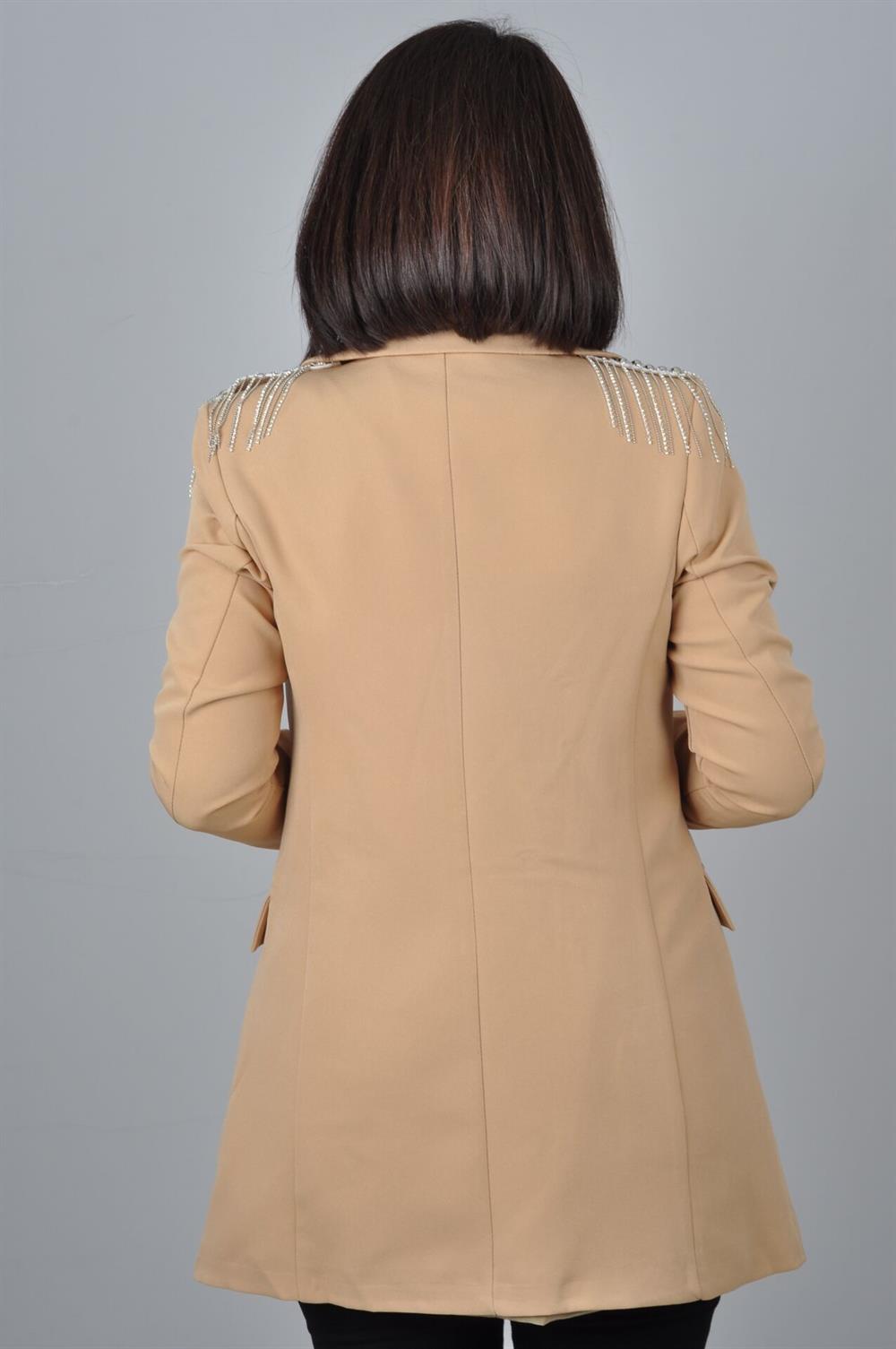 Sütlü Kahve Omuzları Taşlı Blazer Ceket