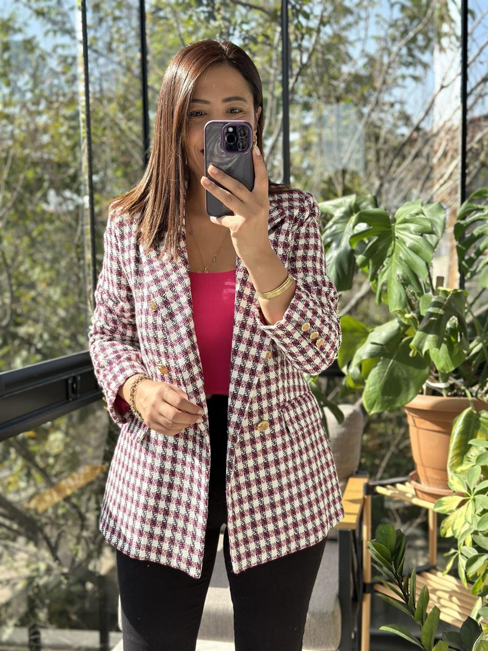 Tüvit Dokuma Blazer Ceket Fuşya