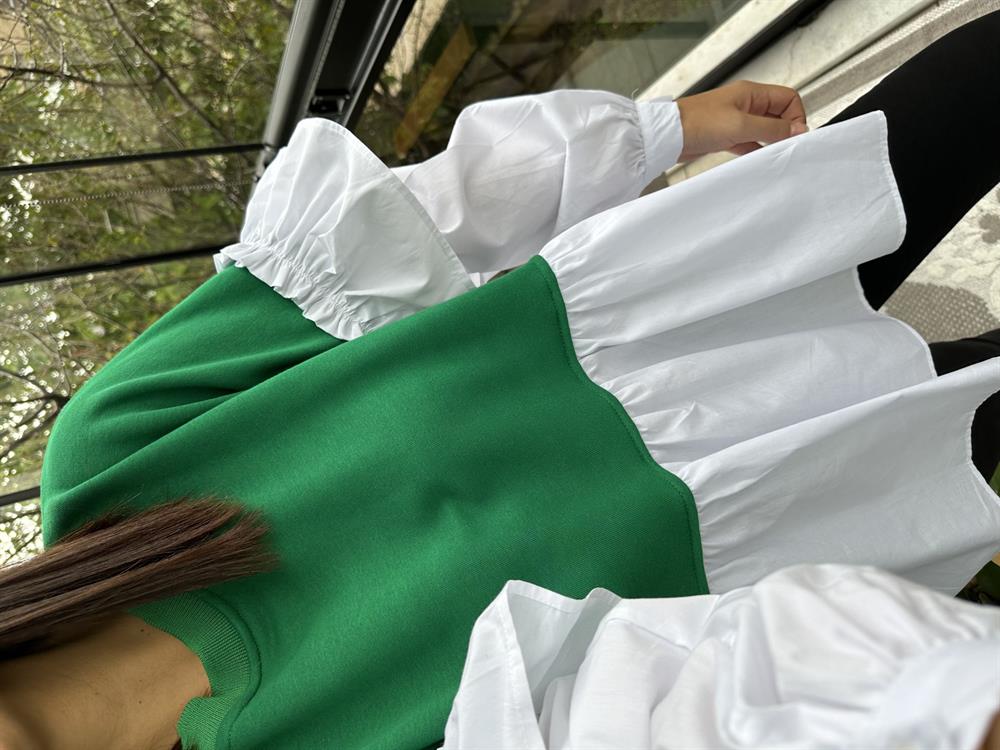 Yeşil Altı ve Kolları Poplin Kumaş Tasarım Sweatshirt