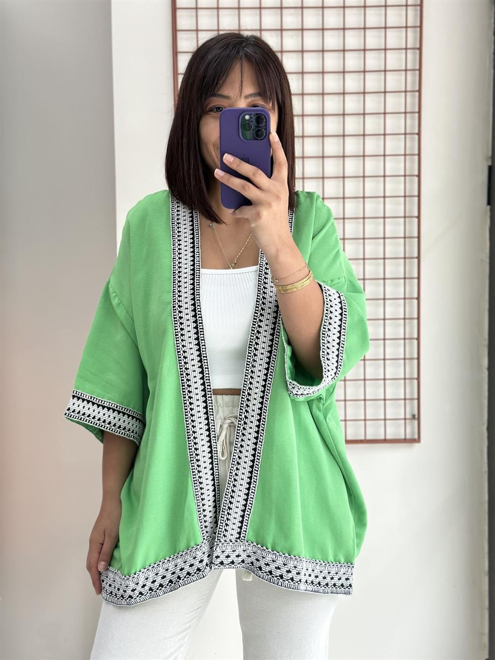 Yeşil Keten Nakışlı Kimono