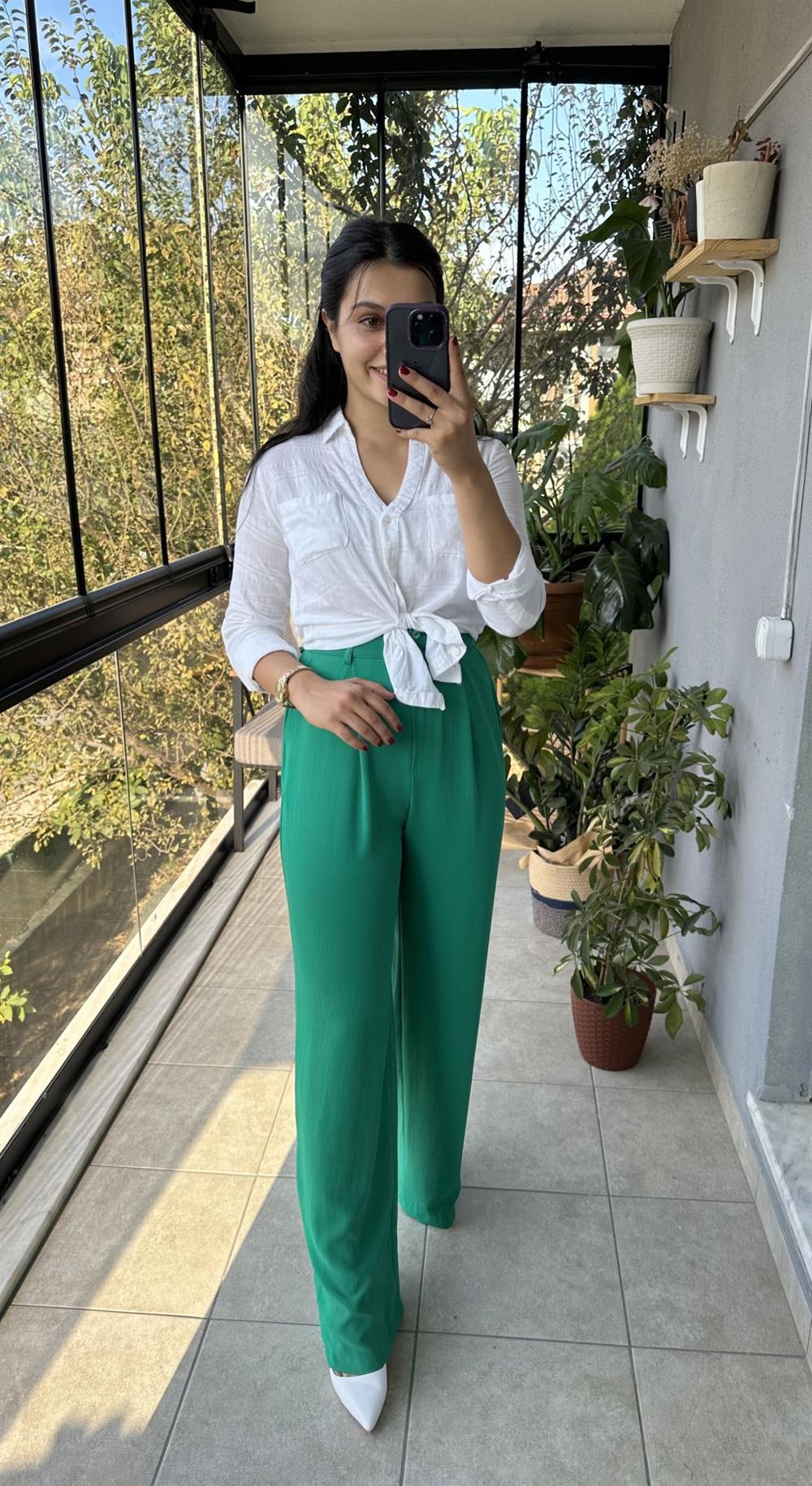 Yeşil Palazzo Kumaş Pantolon