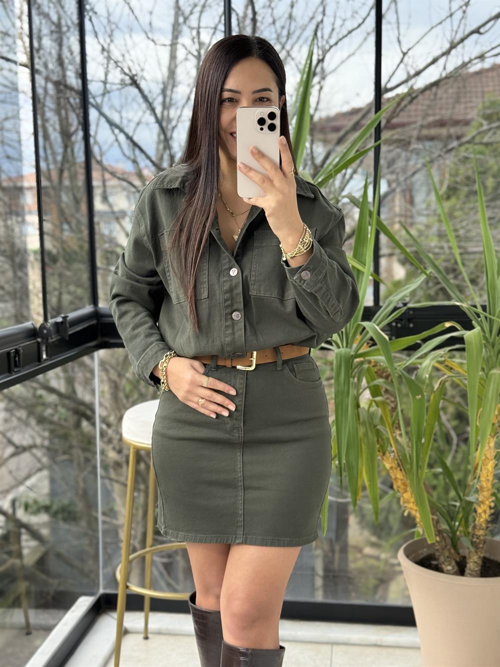 Düğmeli Mini Kot Elbise Haki Yeşili