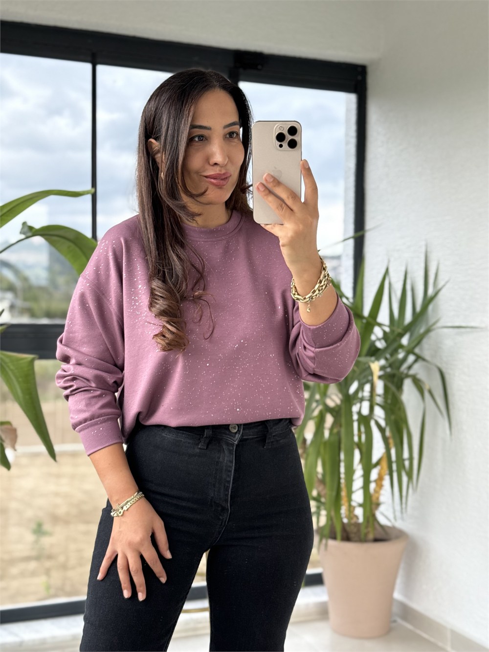 Simli Oysh Sweatshirt Mürdüm