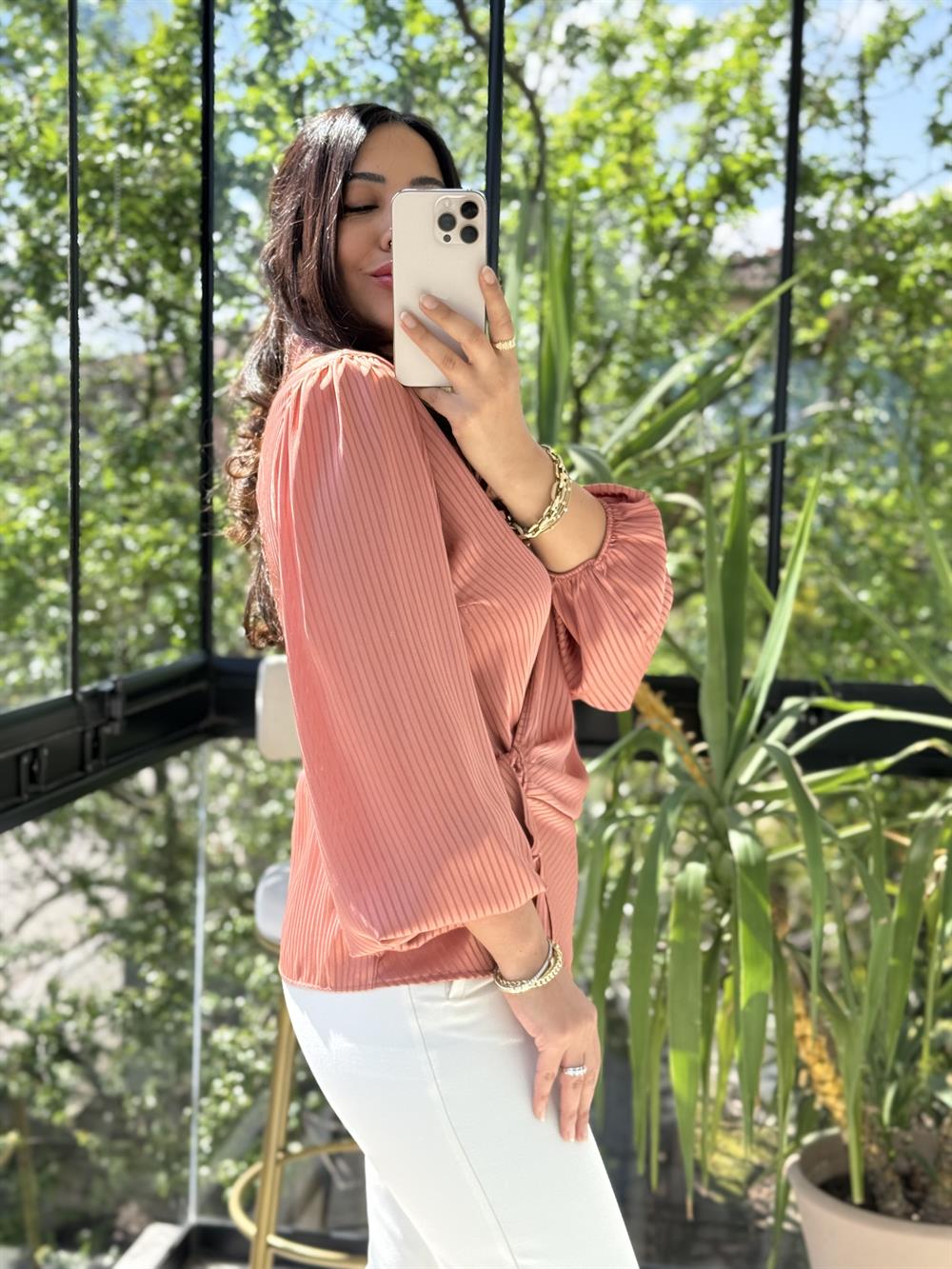 Yan Bağcıklı Yakalı Bluz Kiremit