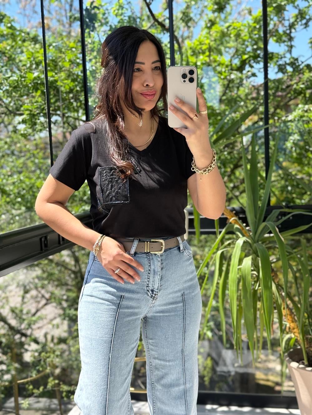 Başak Cep Detaylı Tişört Siyah