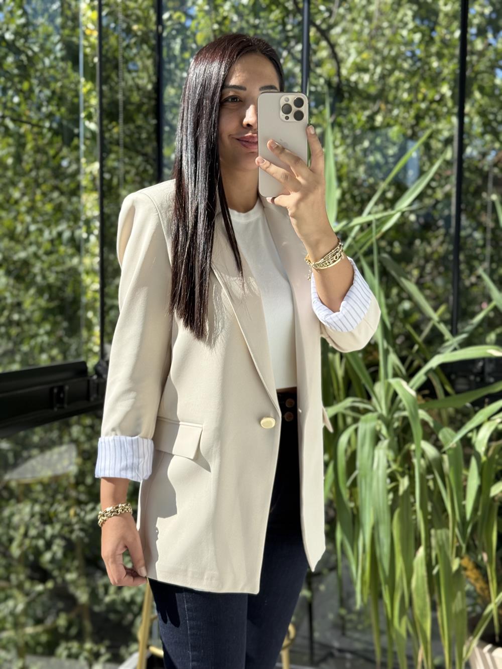 Kol Astarı Garnili Tek Düğme Blazer Ceket Taş