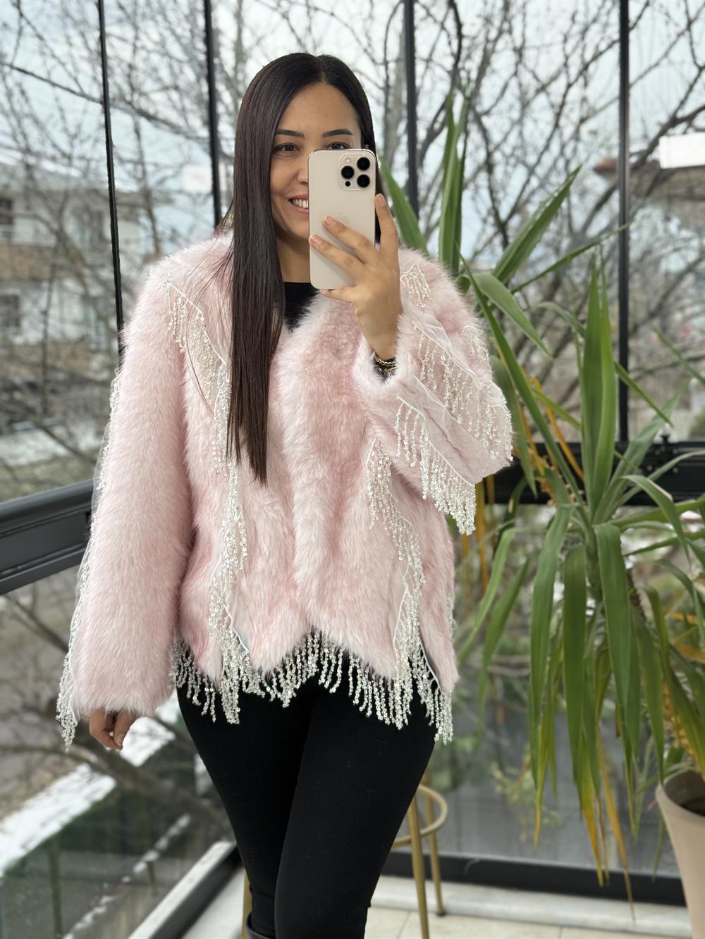 İthal Sallantılı Payetli Kürklü Ceket Pembe