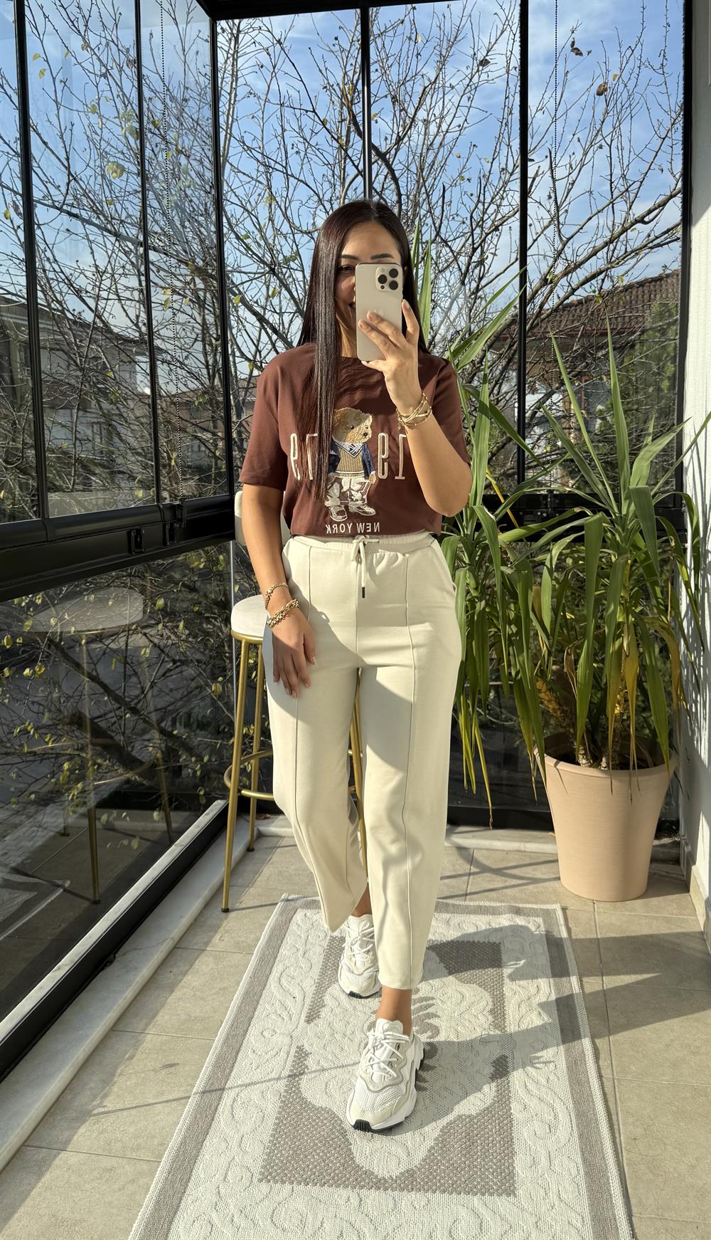 Newyork Yazılı İşlemeli Basic Tişört Kahve