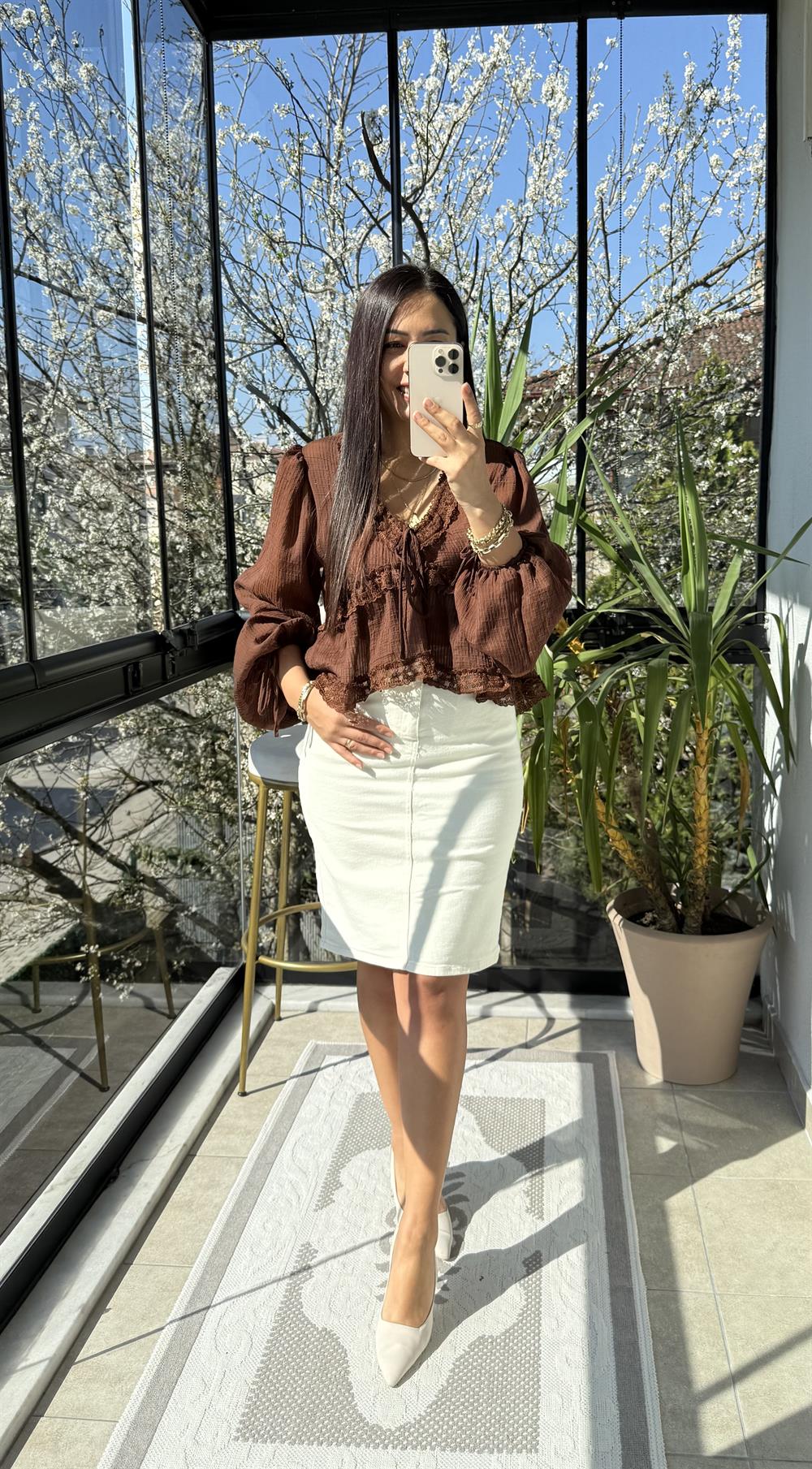 Dantelli Uzun Kol Bluz Kahve