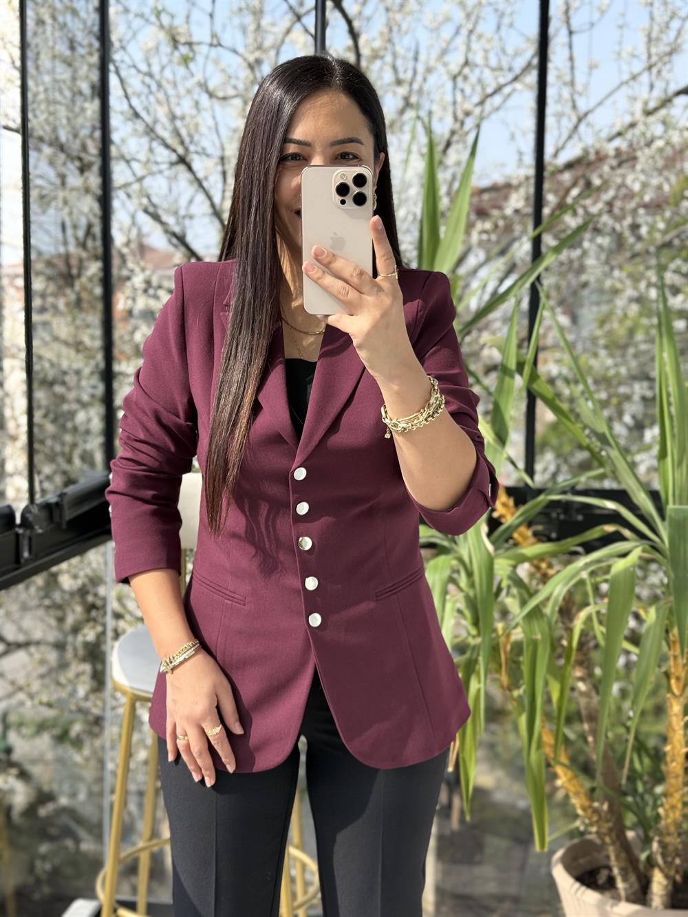 Beş Düğme Slimfit Blazer Ceket Bordo