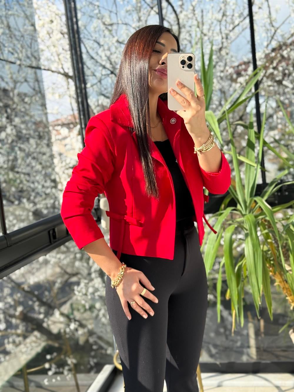 Uzun Kol Fiyonklu Blazer Ceket Kırmızı