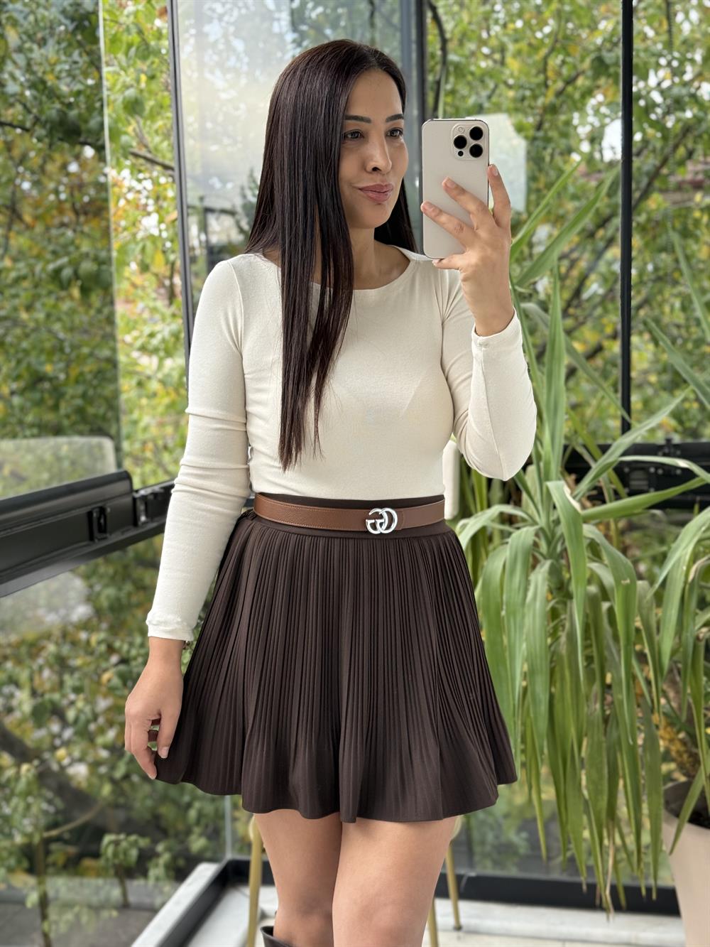 Piliseli Beli Lastikli Etek Kahve