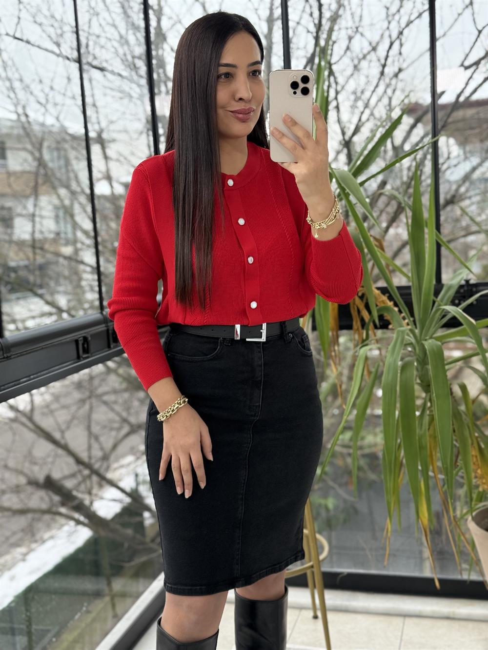 Triko Detaylı Bluz Kırmızı