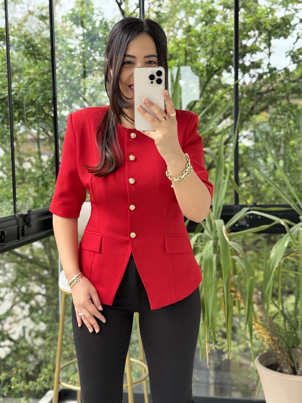 Slimfit Mini Gold Düğme Kısa Kol Blazer Kırmızı