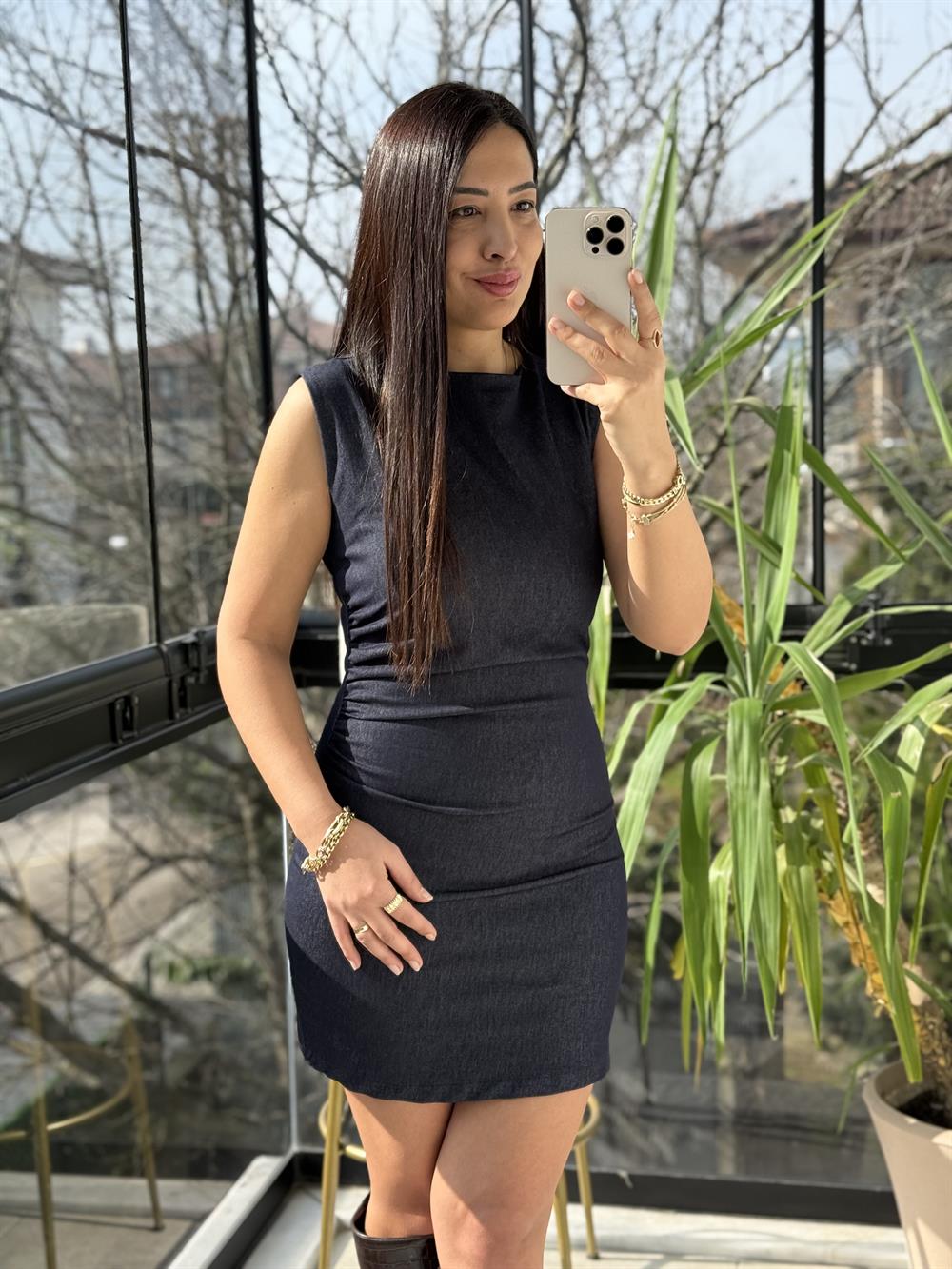 Sıfır Kol Yanı Büzgülü Elbise Lacivert