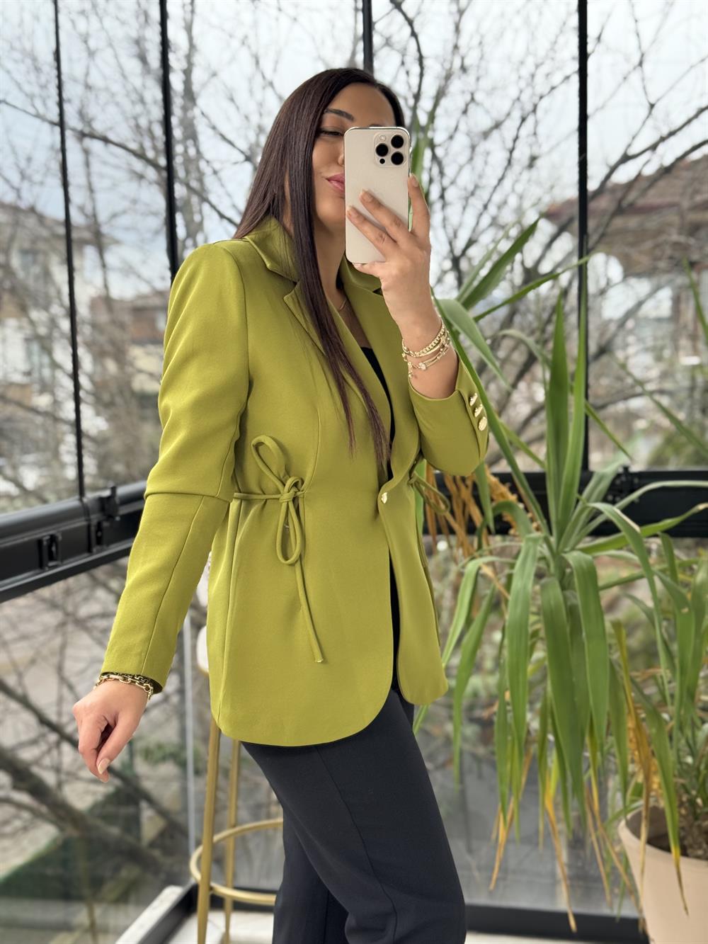 Yanı Bağcıklı Slim Blazer Ceket Kivi Yeşili
