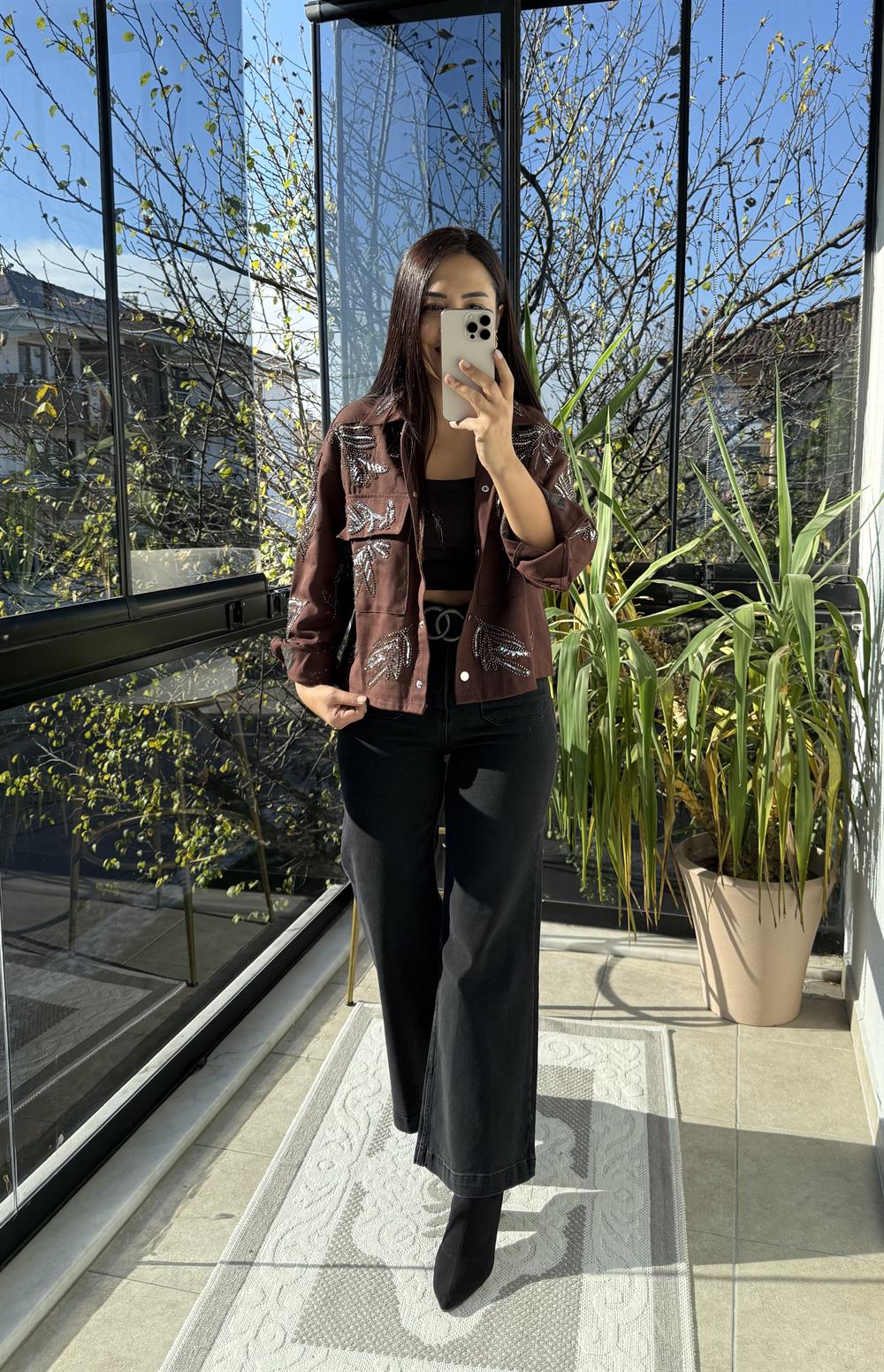 Payetli Boncuklu Kot Ceket Kahve