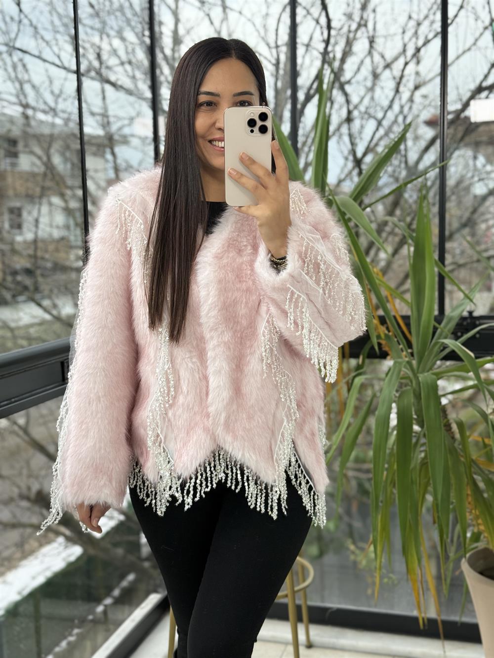 İthal Sallantılı Payetli Kürklü Ceket Pembe
