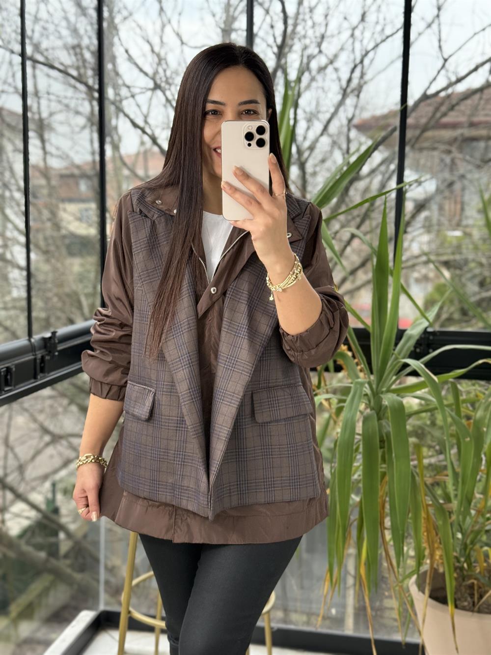 Ekose Garnili Ceket Kahve