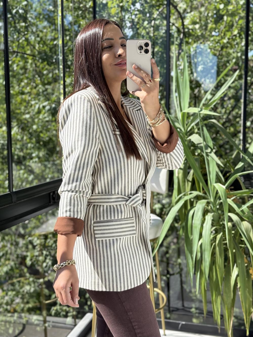 Çizgili Keten Ceket Kahve