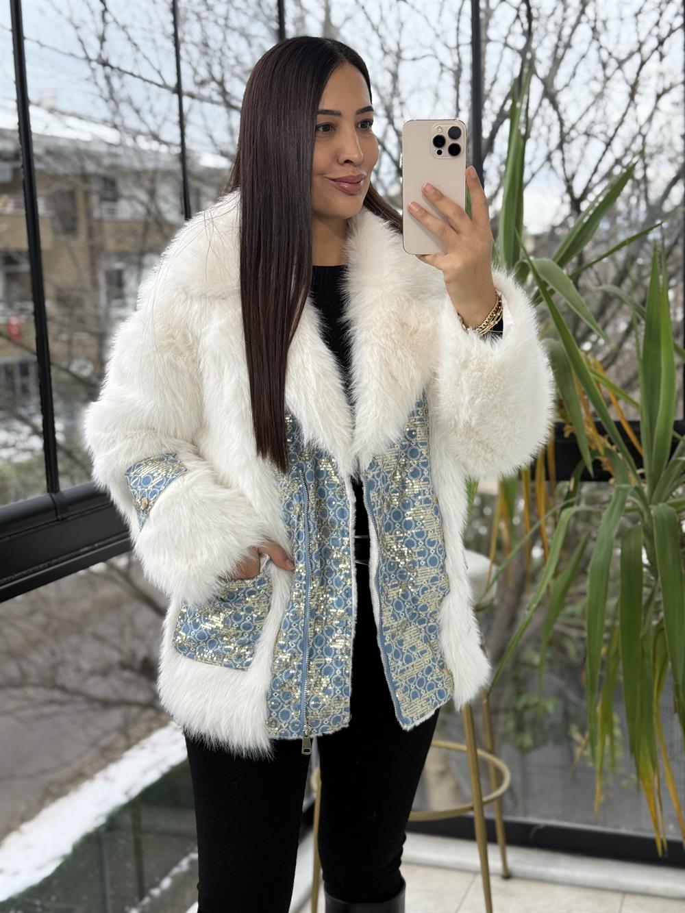 İthal Kruvaze Fermuarlı Payetli Kürk Beyaz