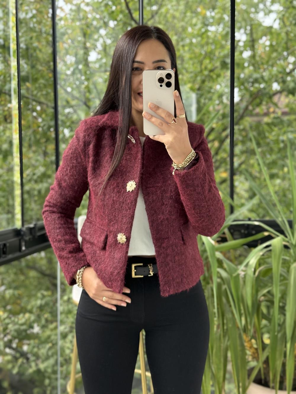 Kısa Gold Düğme Yün Ceket Bordo