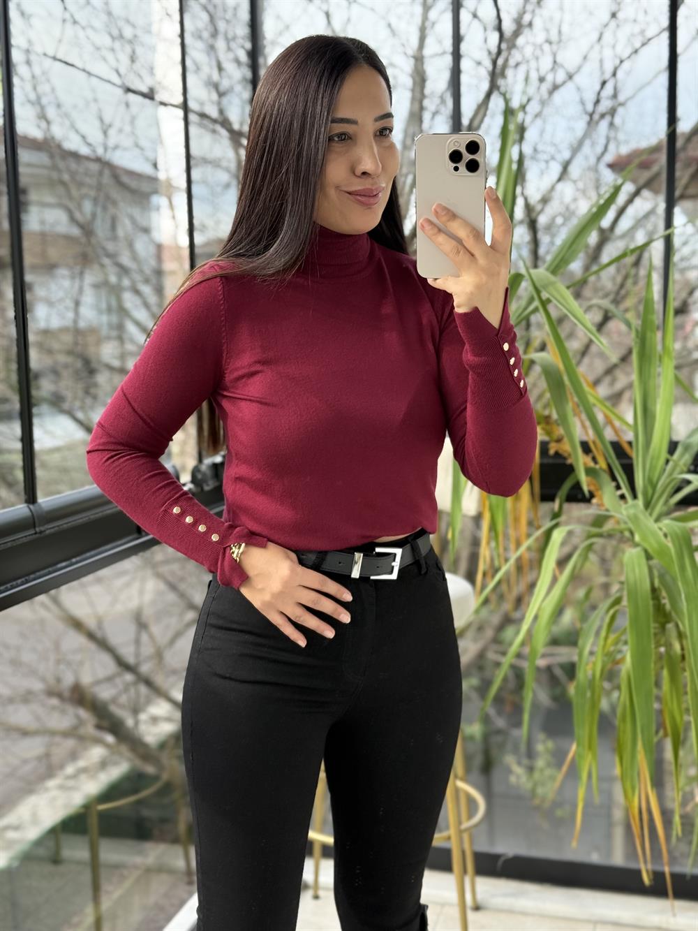 Dilvin Balıkçı Yaka Kol Ortası Droplu Triko Bordo