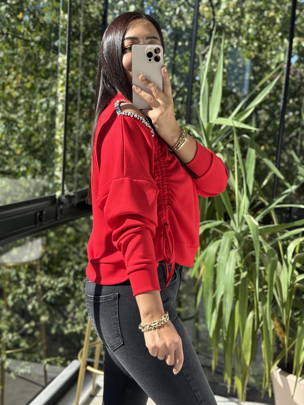 Taş Detay Kordonlu Modal Sweatshirt Kırmızı