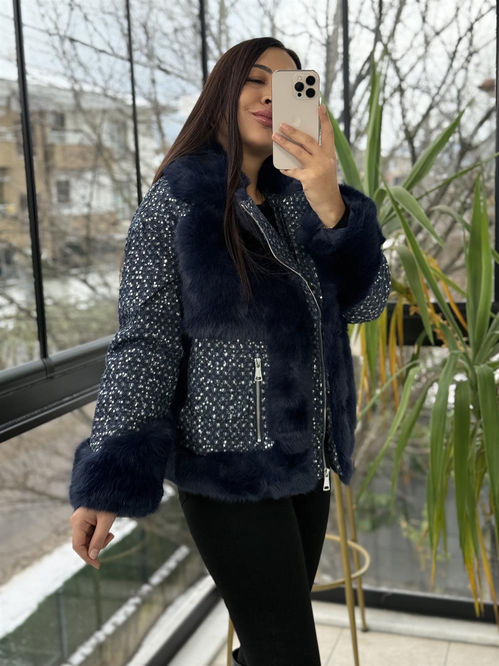 İthal Payetli Mont lacivert