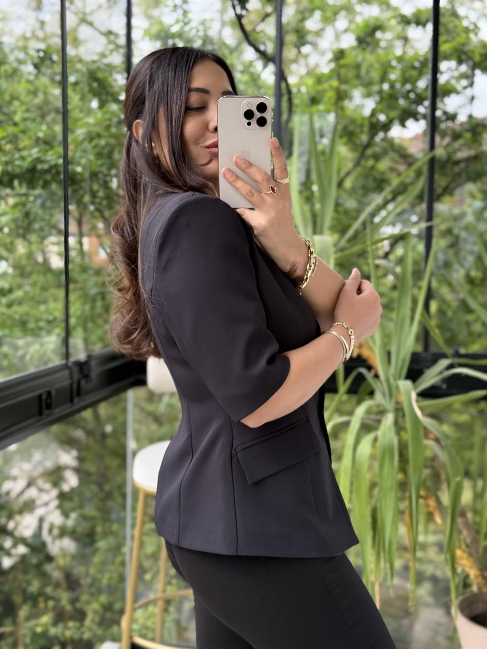 Slimfit Mini Gold Düğme Kısa Kol Blazer Siyah