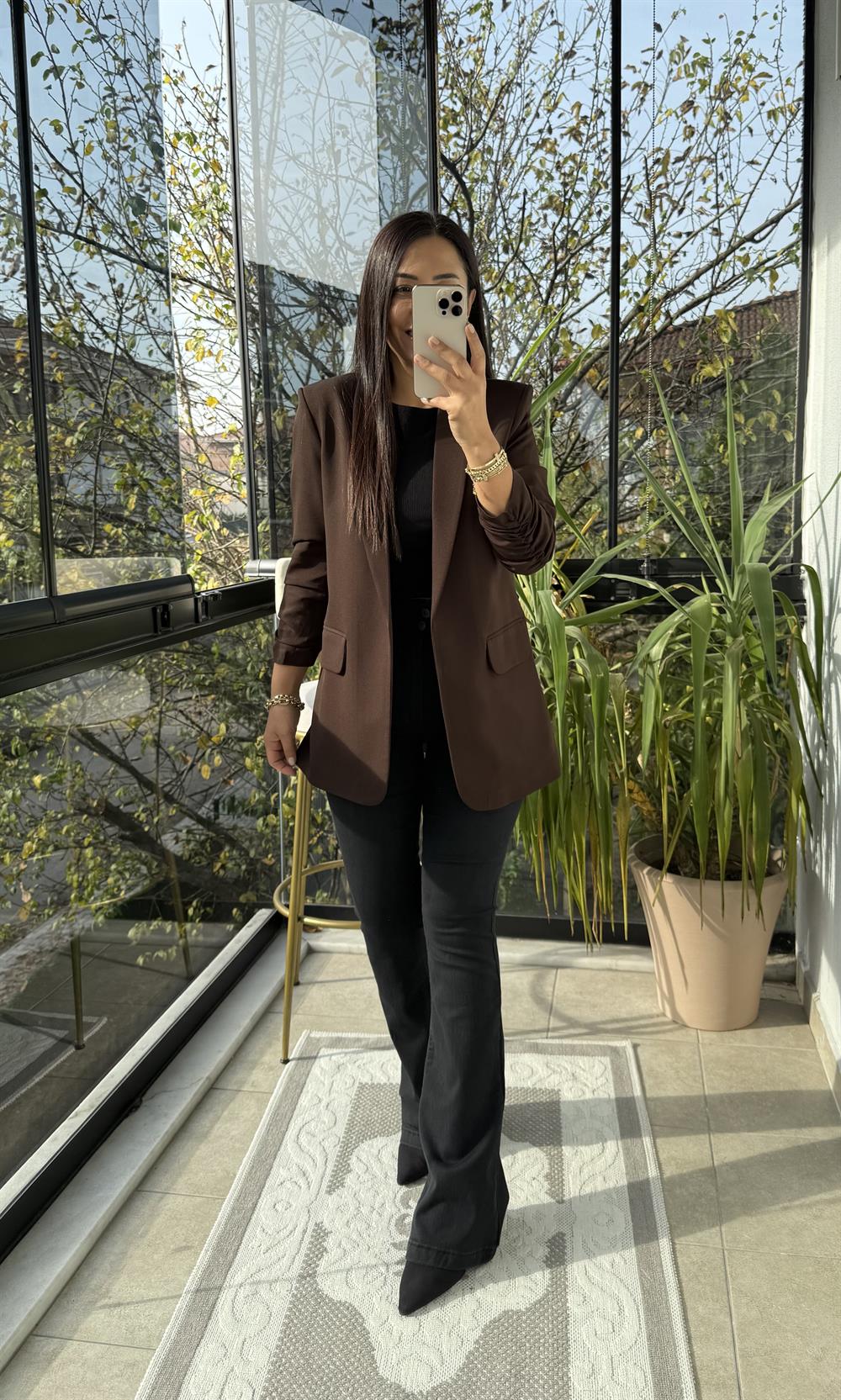 Kolu Büzgülü Blazer Ceket Kahve