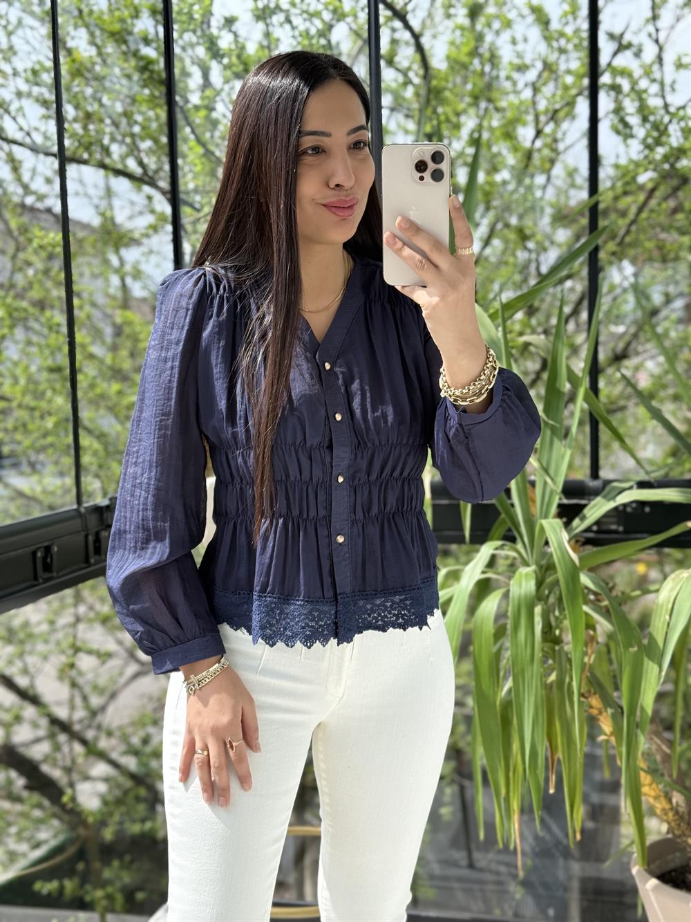 Dantel Rüya Gömlek Bluz Lacivert