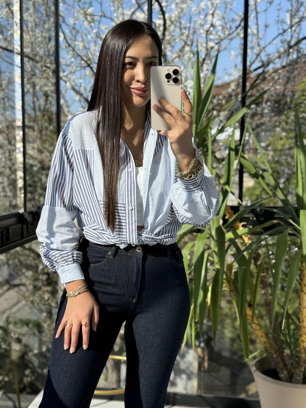 Asimetrik Çizgi Detaylı Pamuklu Gömlek Lacivert