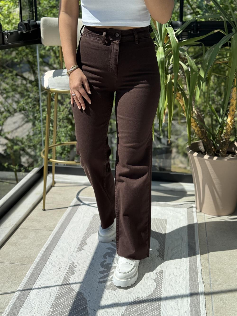 Dekoratif Cep Detaylı Palazzo Kot Pantolon Kahve