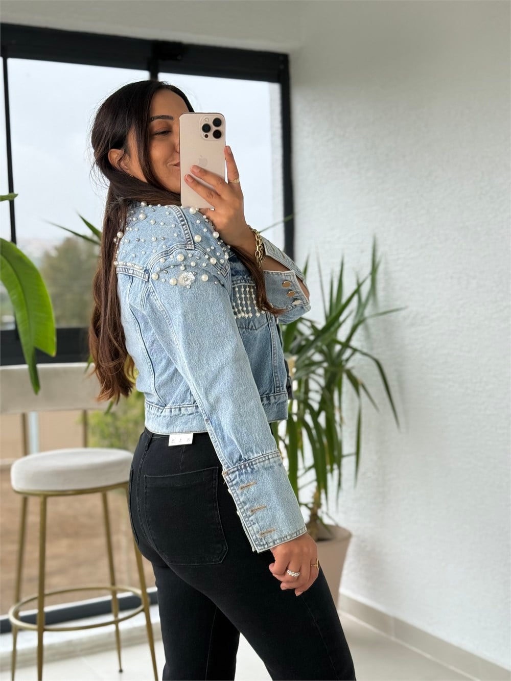 Taşlı Kısa Denim Ceket Mavi