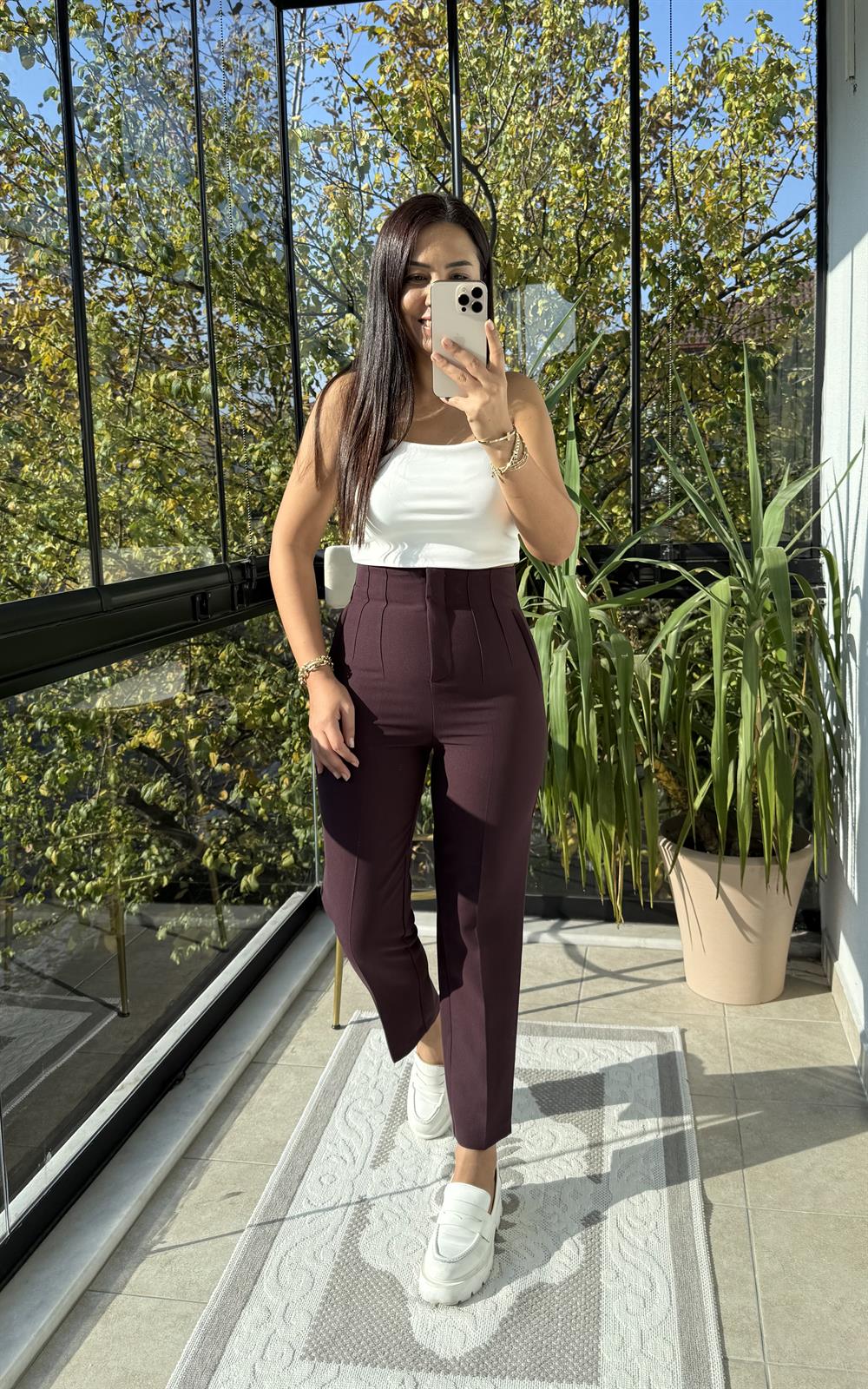 Düğmesiz Zra Model Kumaş Pantolon Mürdüm