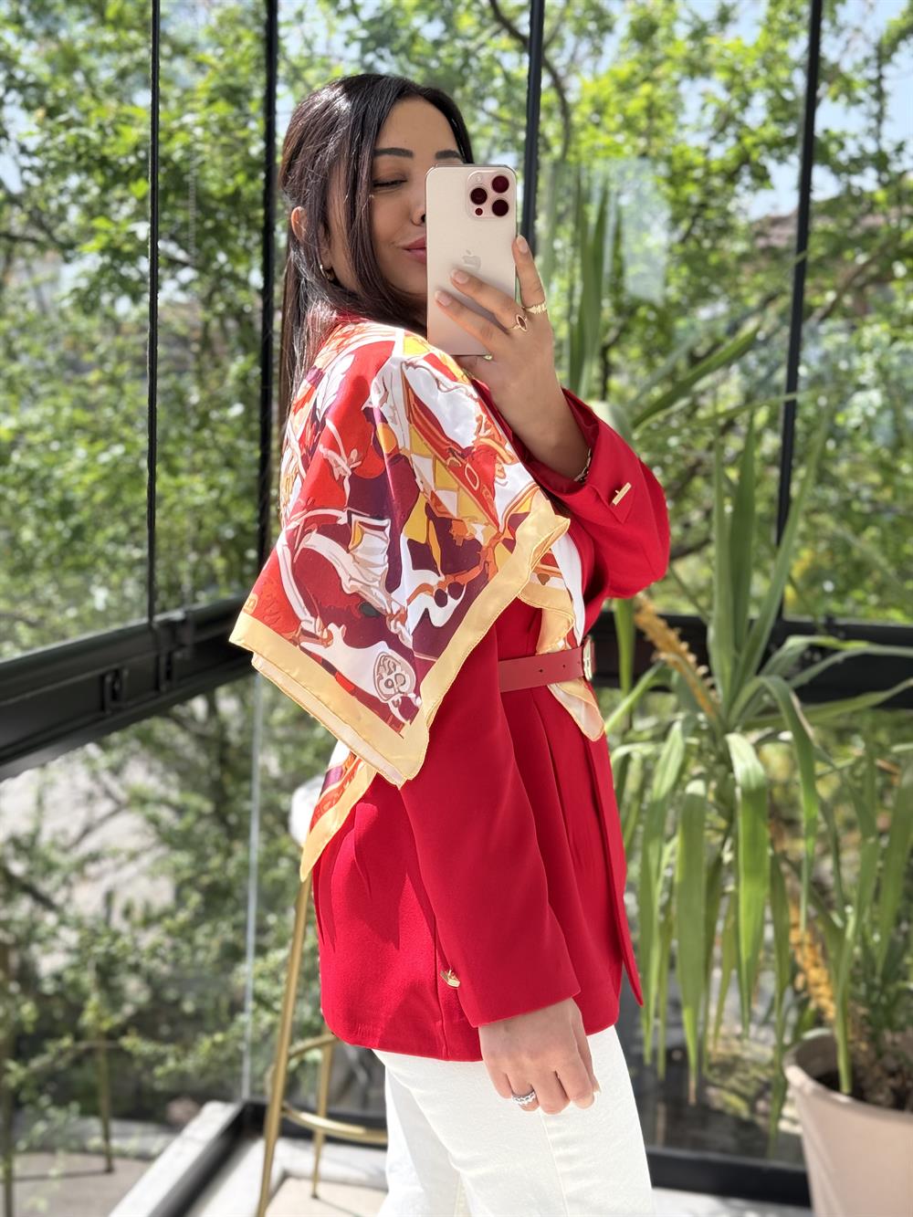 Çift Pileli Şallı Ceket Kırmızı