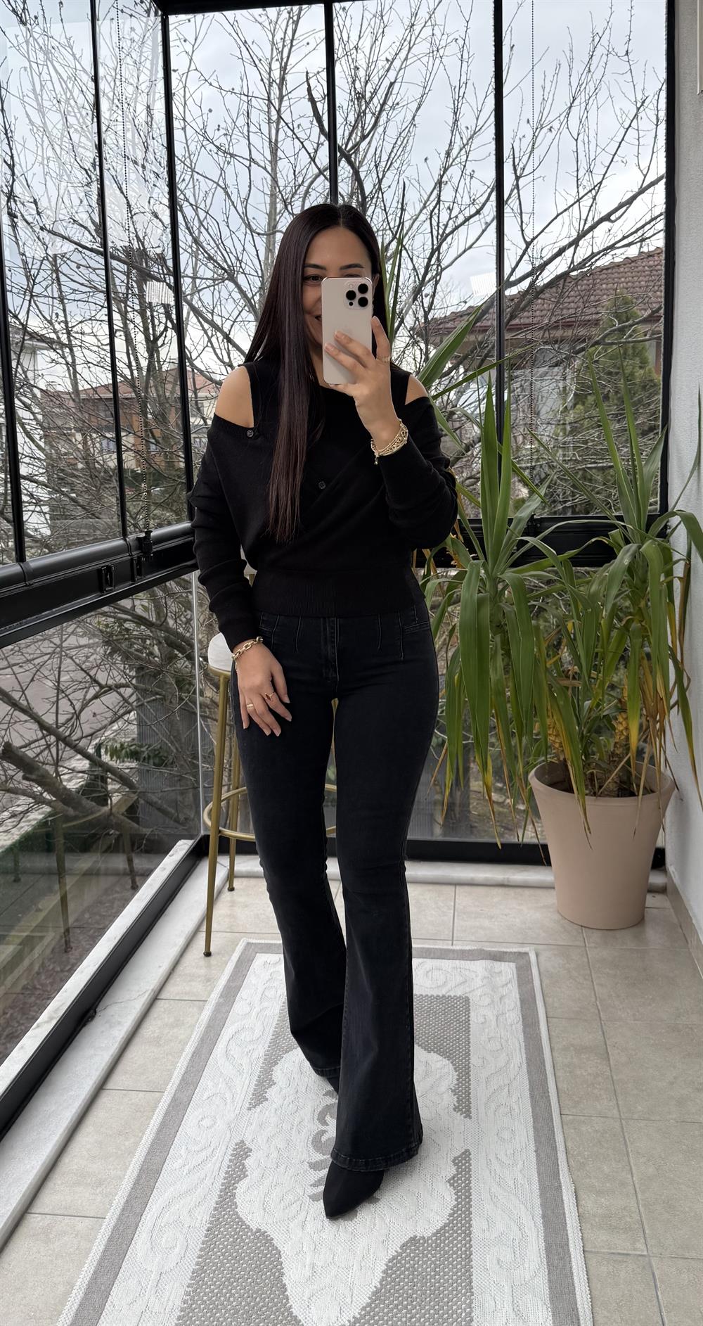 Çift Parçalı Triko Bluz Siyah