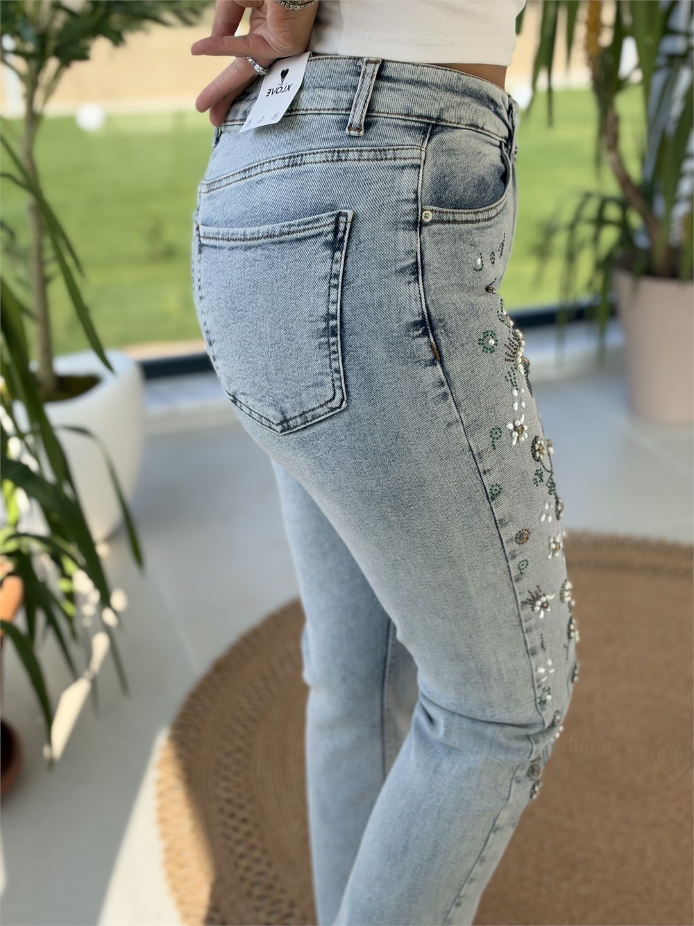 Floral Taşlı Mom Fit kot Pantolon Kar Yıkama