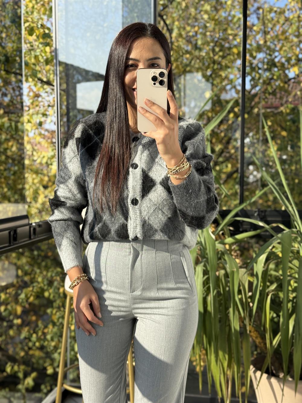 Kısa Baklava Desenli Hırka Antrasit